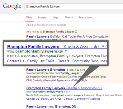 Google search results for brampton family lawyer