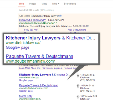 Google search results for kitchener injury lawyers