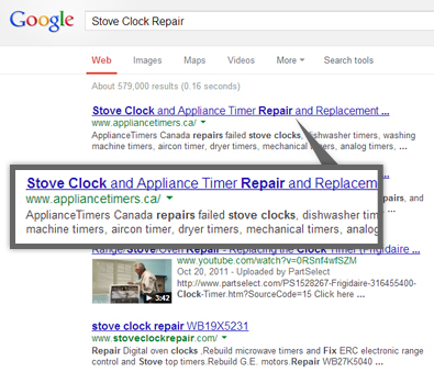 Google search results for stove clock repair