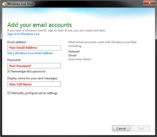 Windows Live Mail - IMAP Settings - Add your email accounts