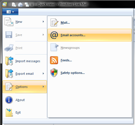 Windows Live Mail - IMAP Settings - Email accounts menu