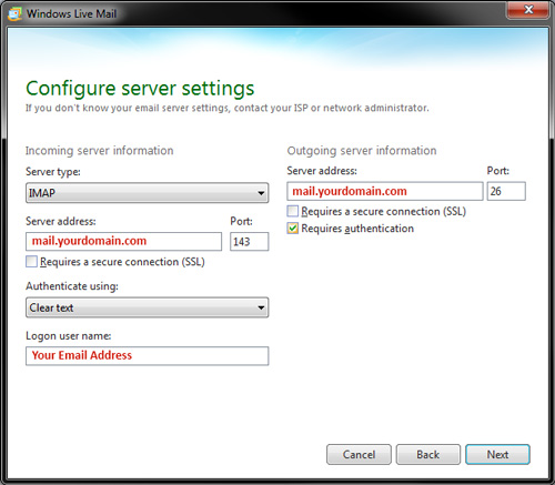 Windows Live Mail - IMAP Settings - Configure server settings