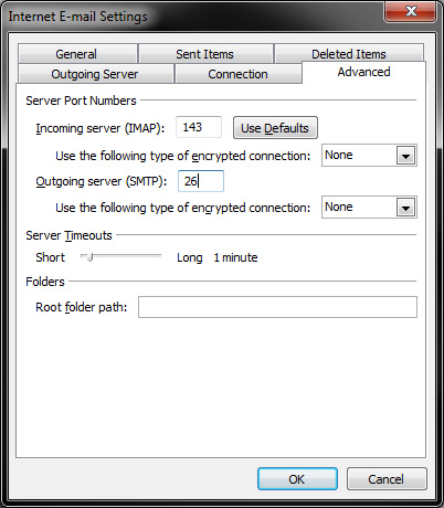 Outlook 2010 - IMAP Settings - Advaned Settings Window