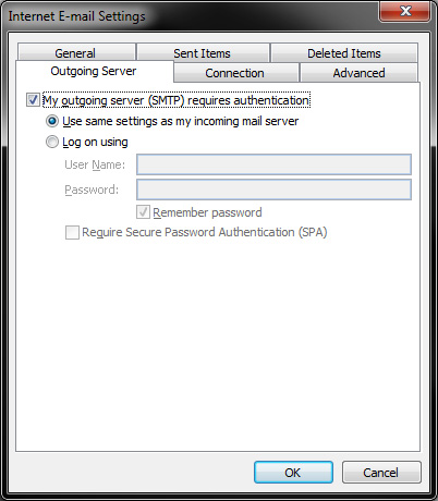 Outlook 2010 - IMAP Settings - Outgoing Server Tab