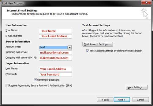 Outlook 2010 - IMAP Settings - Add Account Window